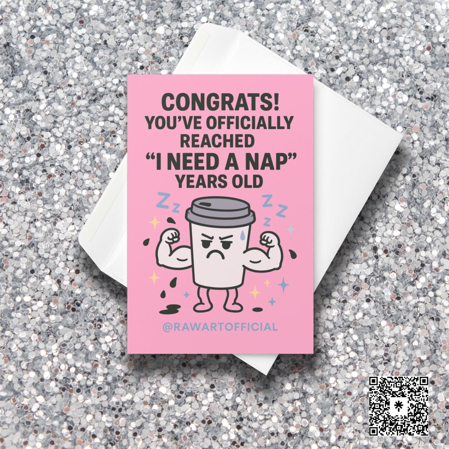Funny birthday card with muscular coffee cup flexing and the text “I Need a Nap Years Old.”