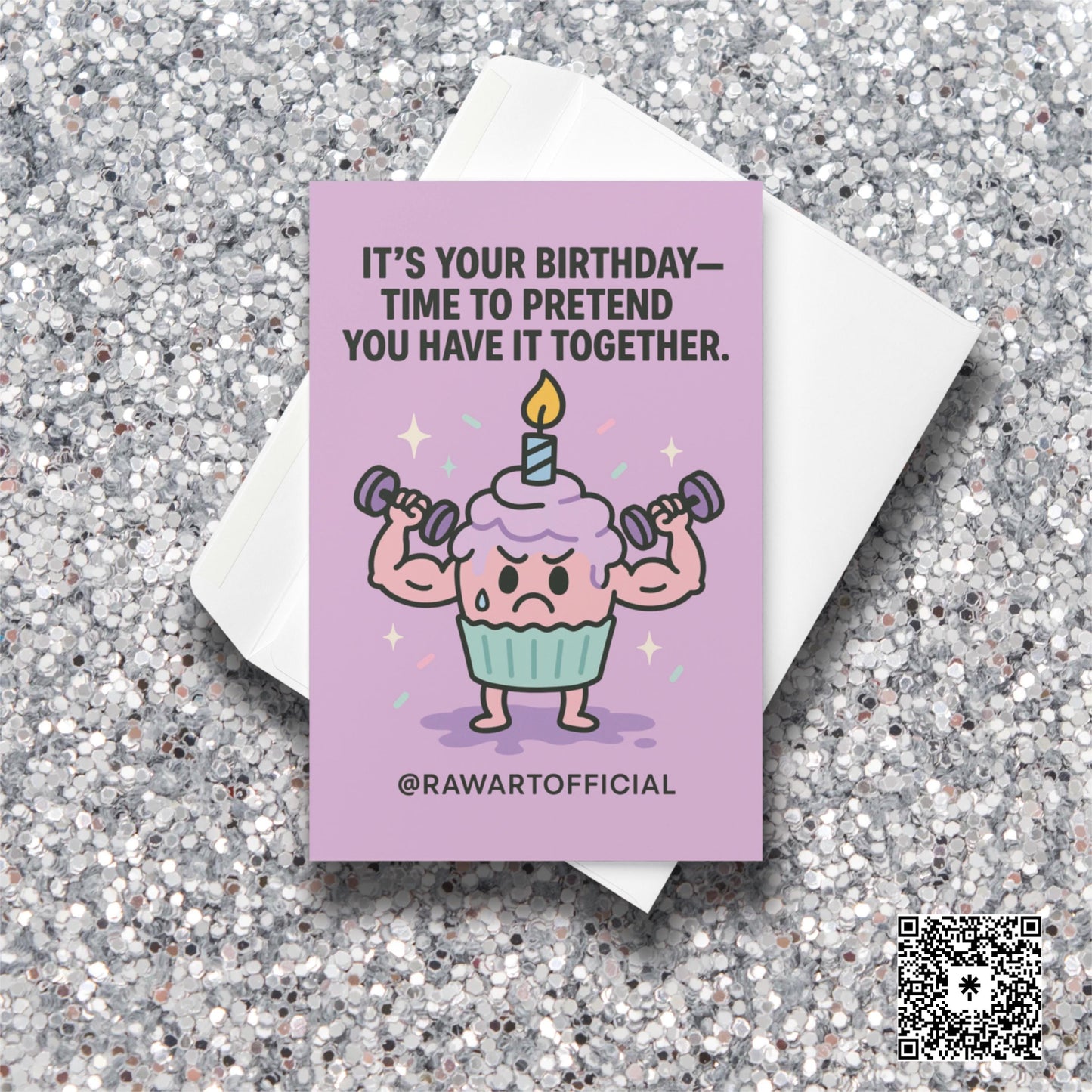 Funny birthday card with muscle cupcake lifting weights and sweating under a birthday candle.