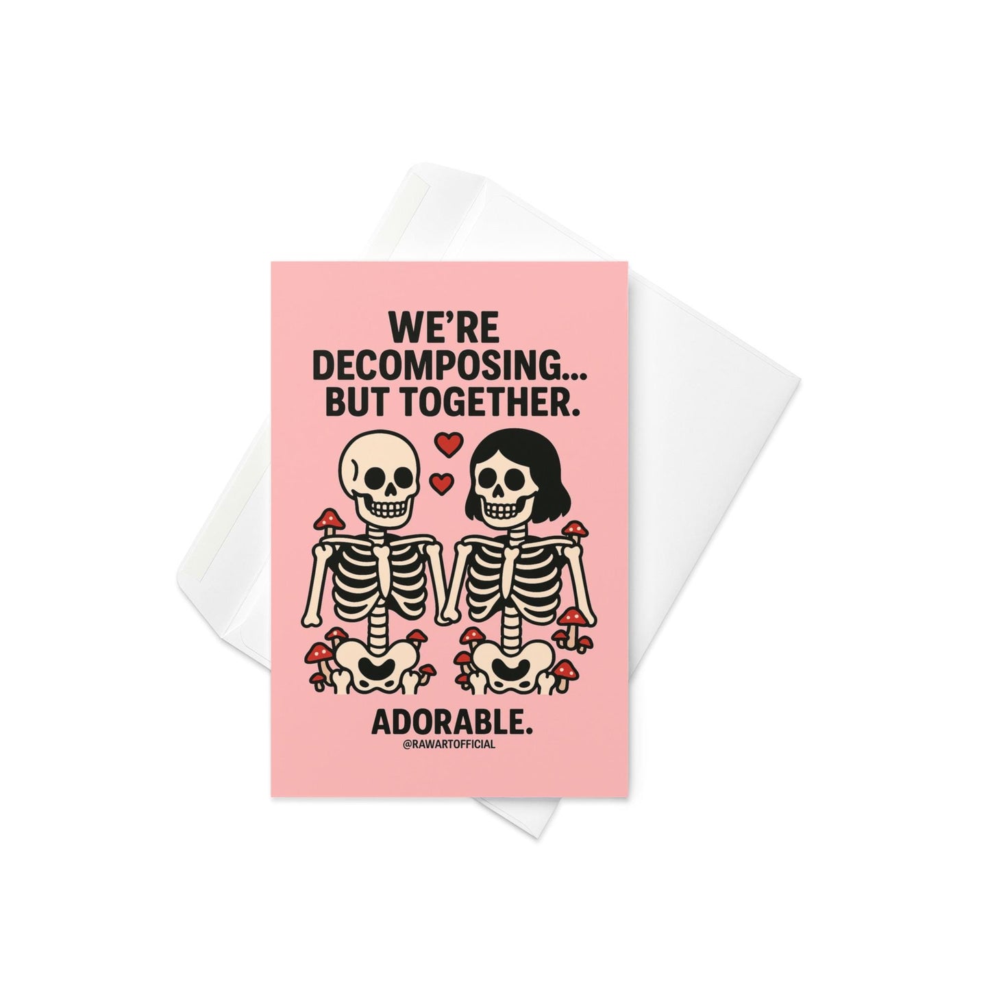 Cute skeleton couple with red hearts and mushrooms, holding hands on a pink background.