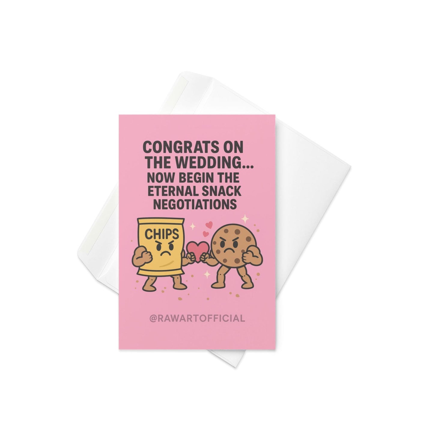 Illustration of buff chip bag and buff cookie holding a heart with text about eternal snack negotiations.