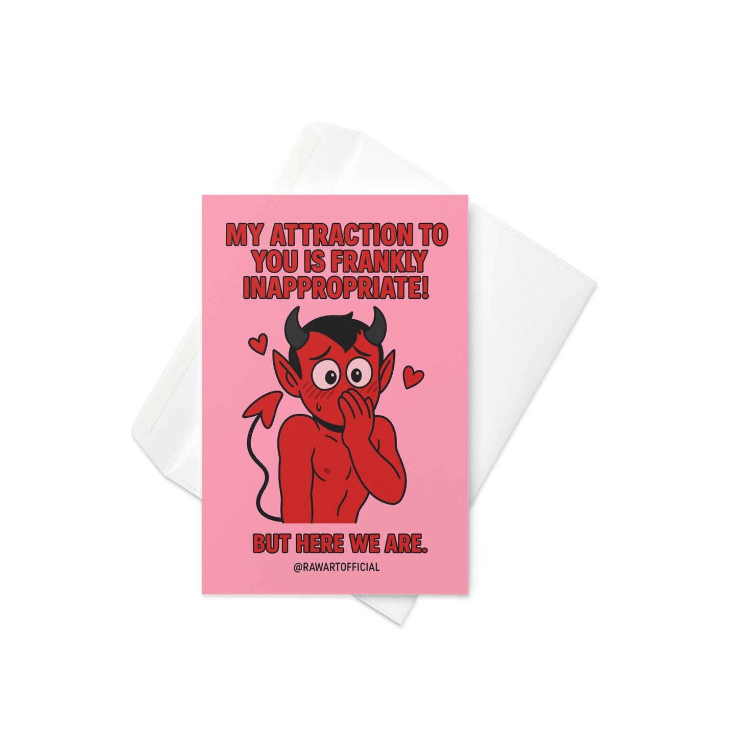 Cartoon blushing devil covering mouth with hearts around him and flirty text above and below.