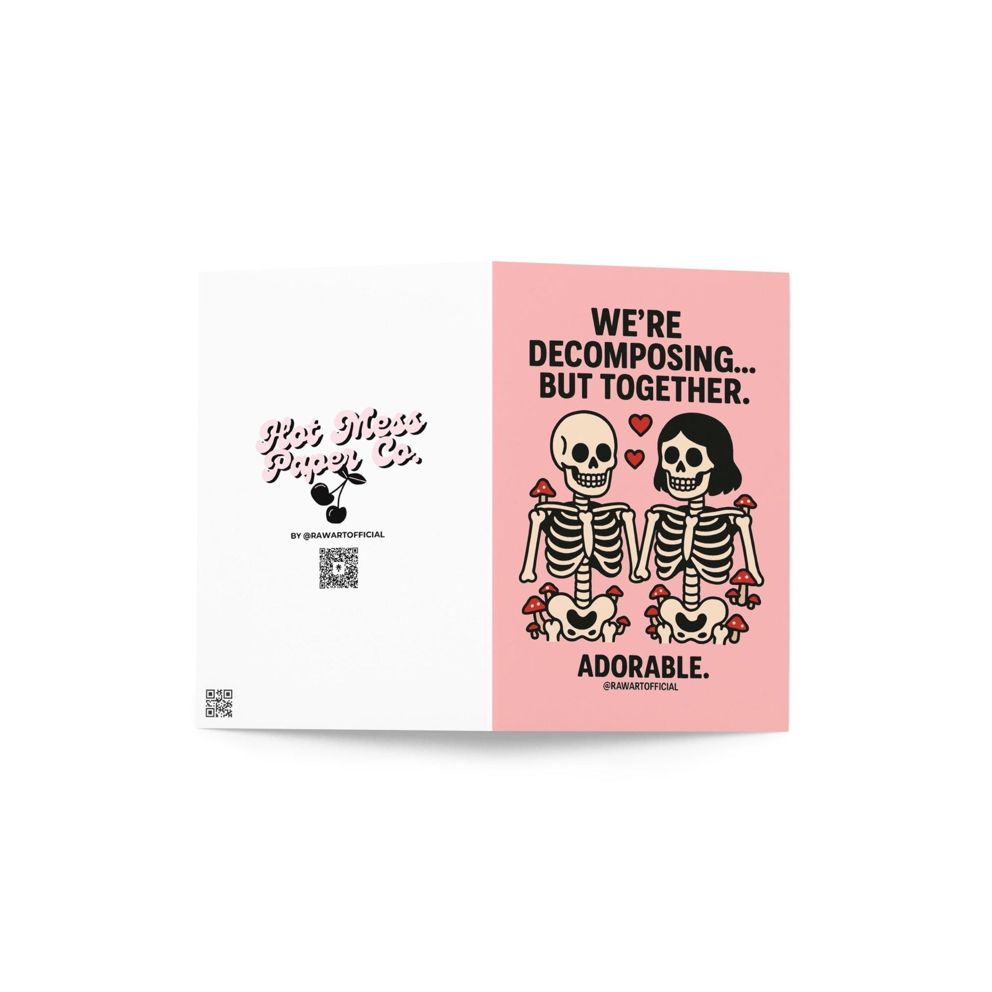 Cute skeleton couple with red hearts and mushrooms, holding hands on a pink background.