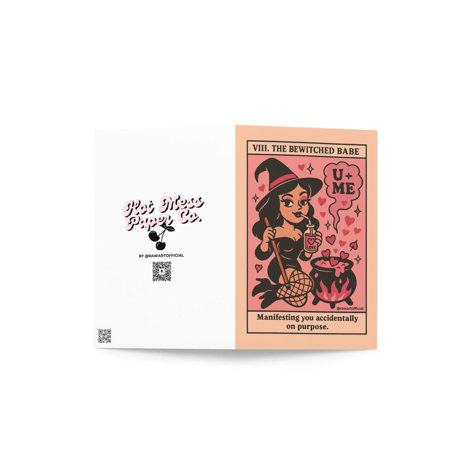 Retro pink witch sipping love potion over cauldron with hearts, “Bewitched Babe” spooky Valentine card.