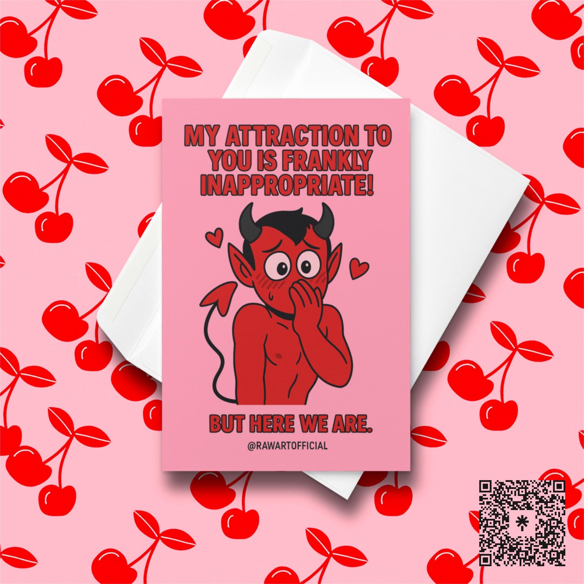 Cartoon blushing devil covering mouth with hearts around him and flirty text above and below.