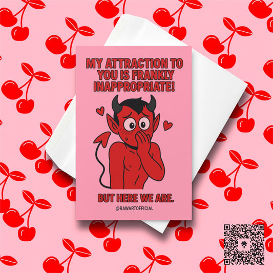 Cartoon blushing devil covering mouth with hearts around him and flirty text above and below.