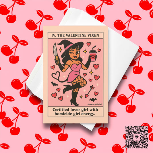Witch valentine vixen holding knife and drink, surrounded by hearts in tarot-style art.
