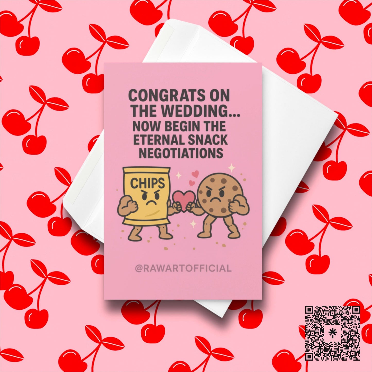 Illustration of buff chip bag and buff cookie holding a heart with text about eternal snack negotiations.