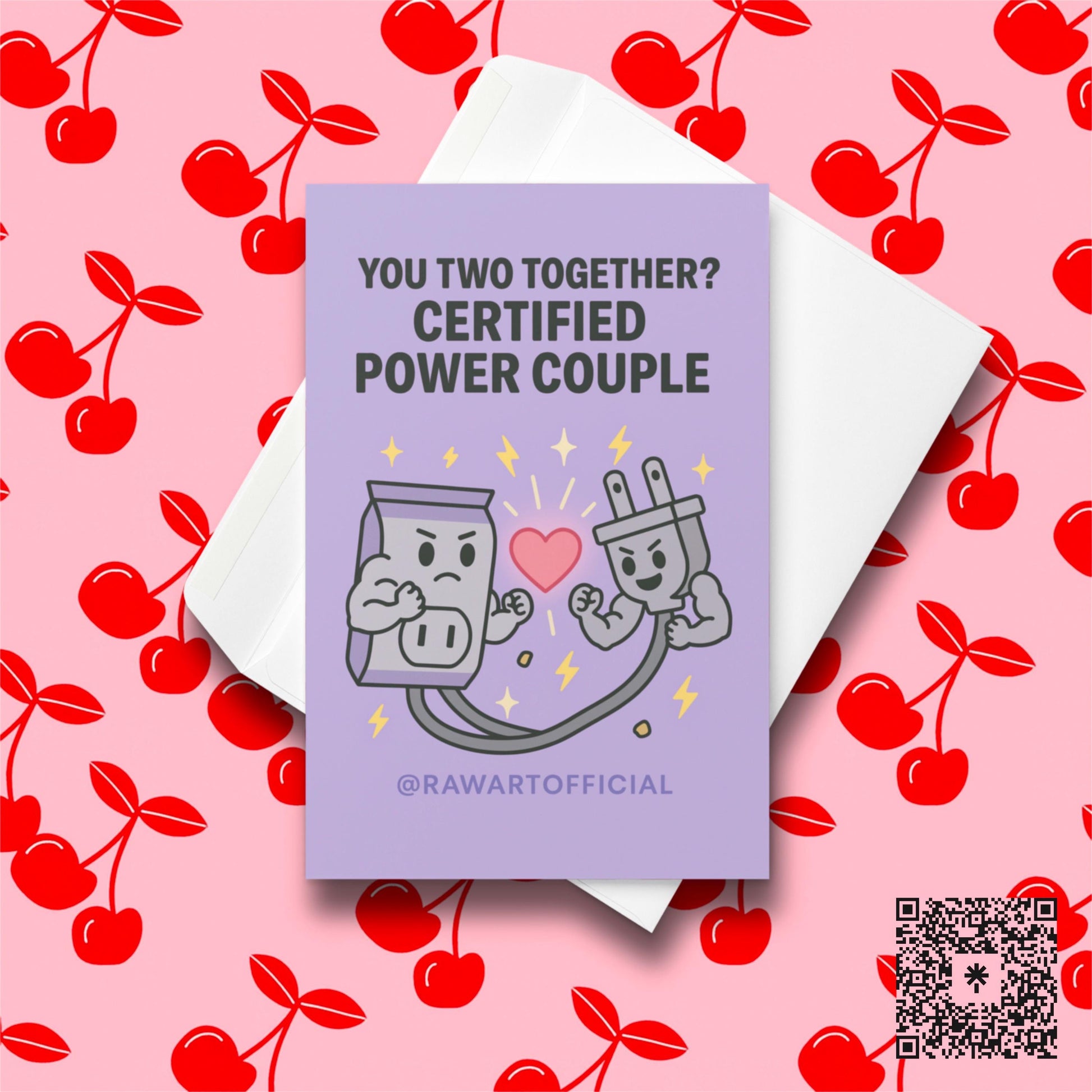 Funny wedding card with buff outlet and plug flexing with a heart, labeled “Certified Power Couple.”