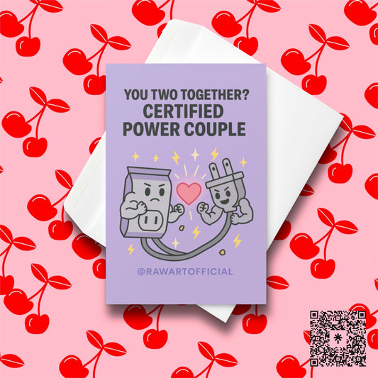 Funny wedding card with buff outlet and plug flexing with a heart, labeled “Certified Power Couple.”