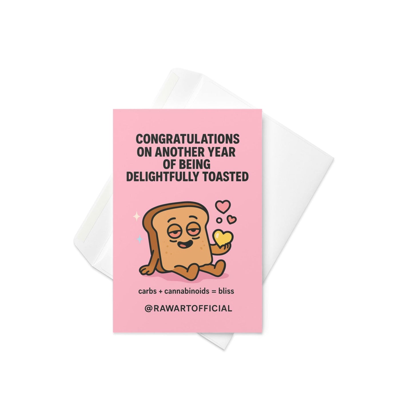 Cute toasted bread cartoon character looking high holding a yellow heart on a pink background celebrating a stoner birthday.