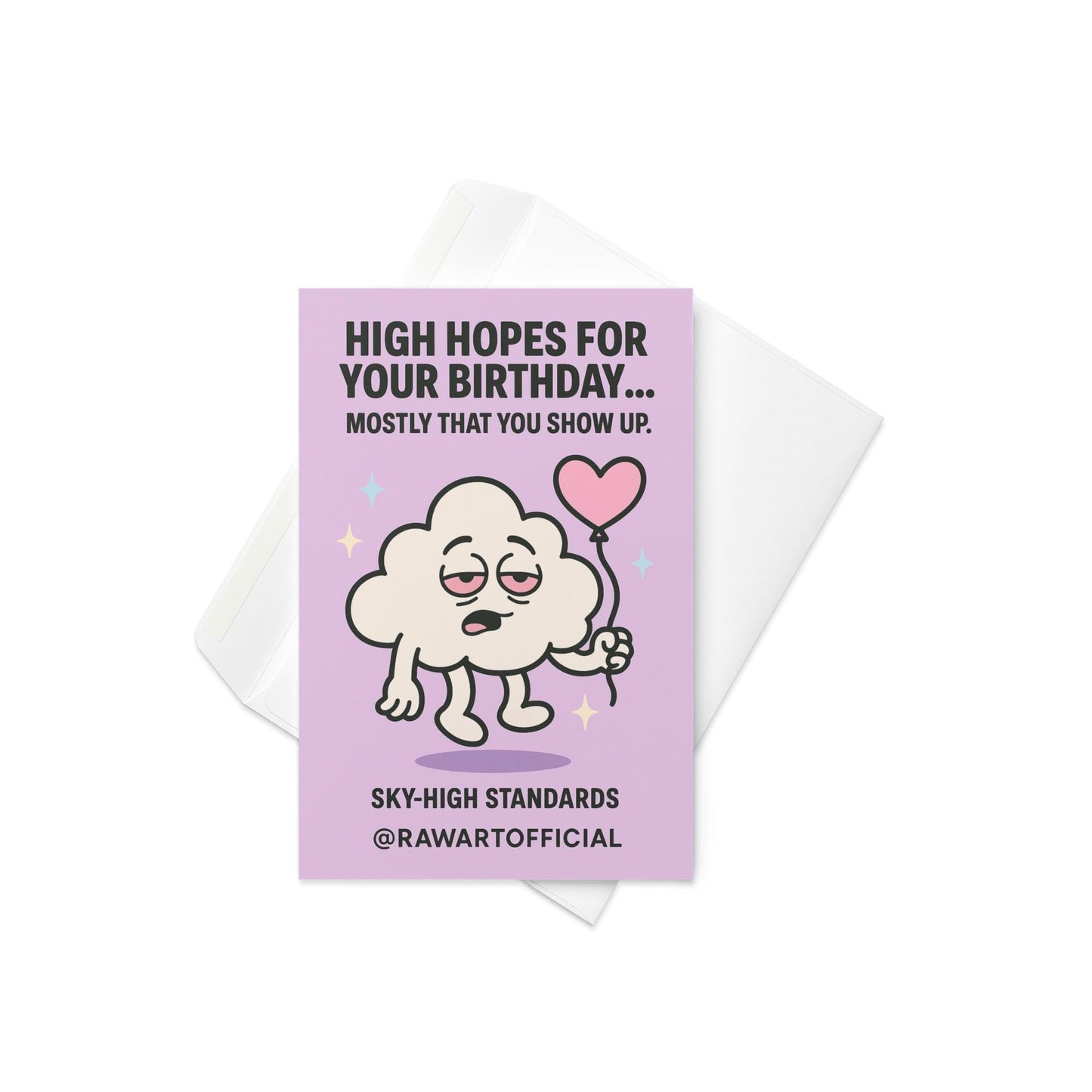 Stoned cloud holding a heart balloon on purple background with text “High Hopes for Your Birthday.”