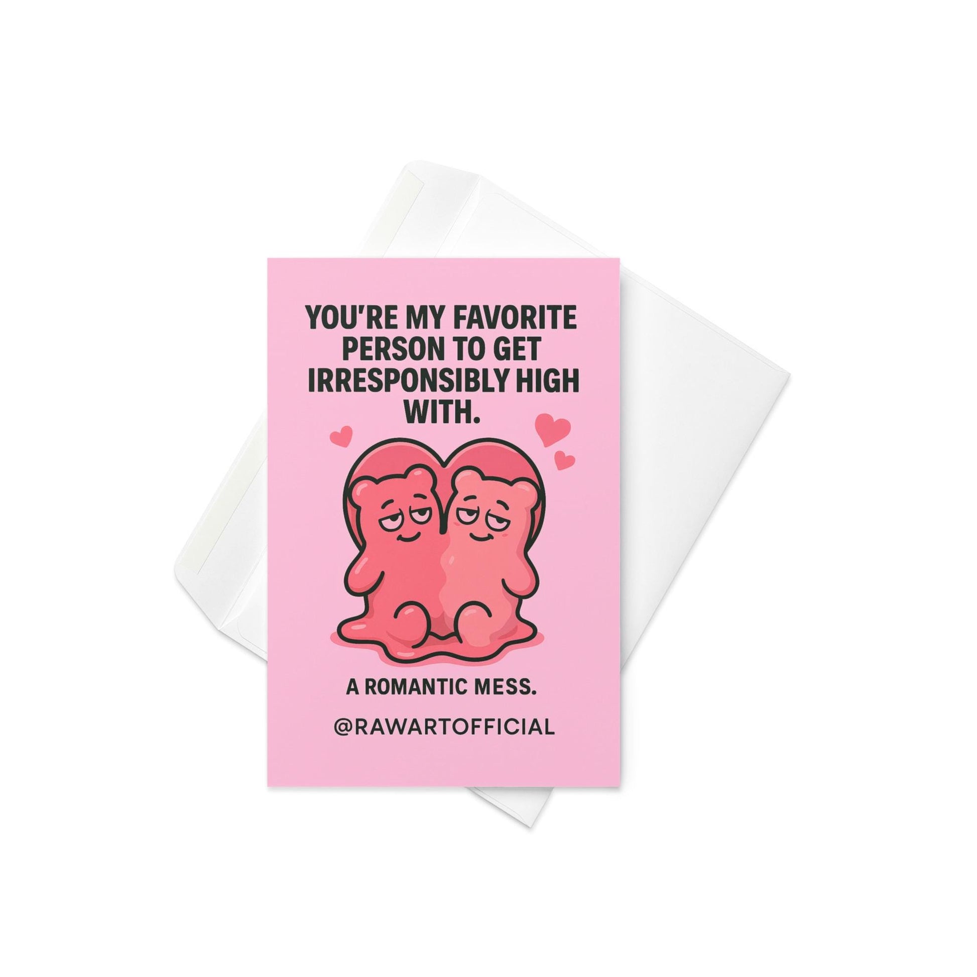 Two pink gummy bears melted together in a heart shape with hearts floating above, stoner Valentine card by @rawartofficial.