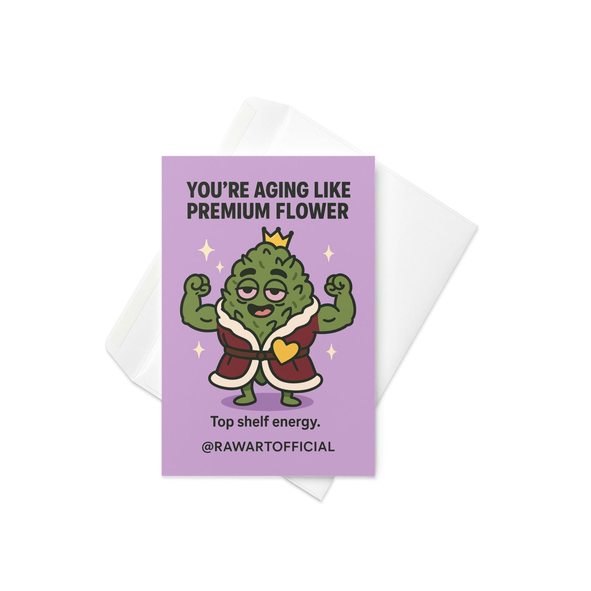 Buff weed nug wearing crown and robe flexing muscles on purple background, stoner birthday card.