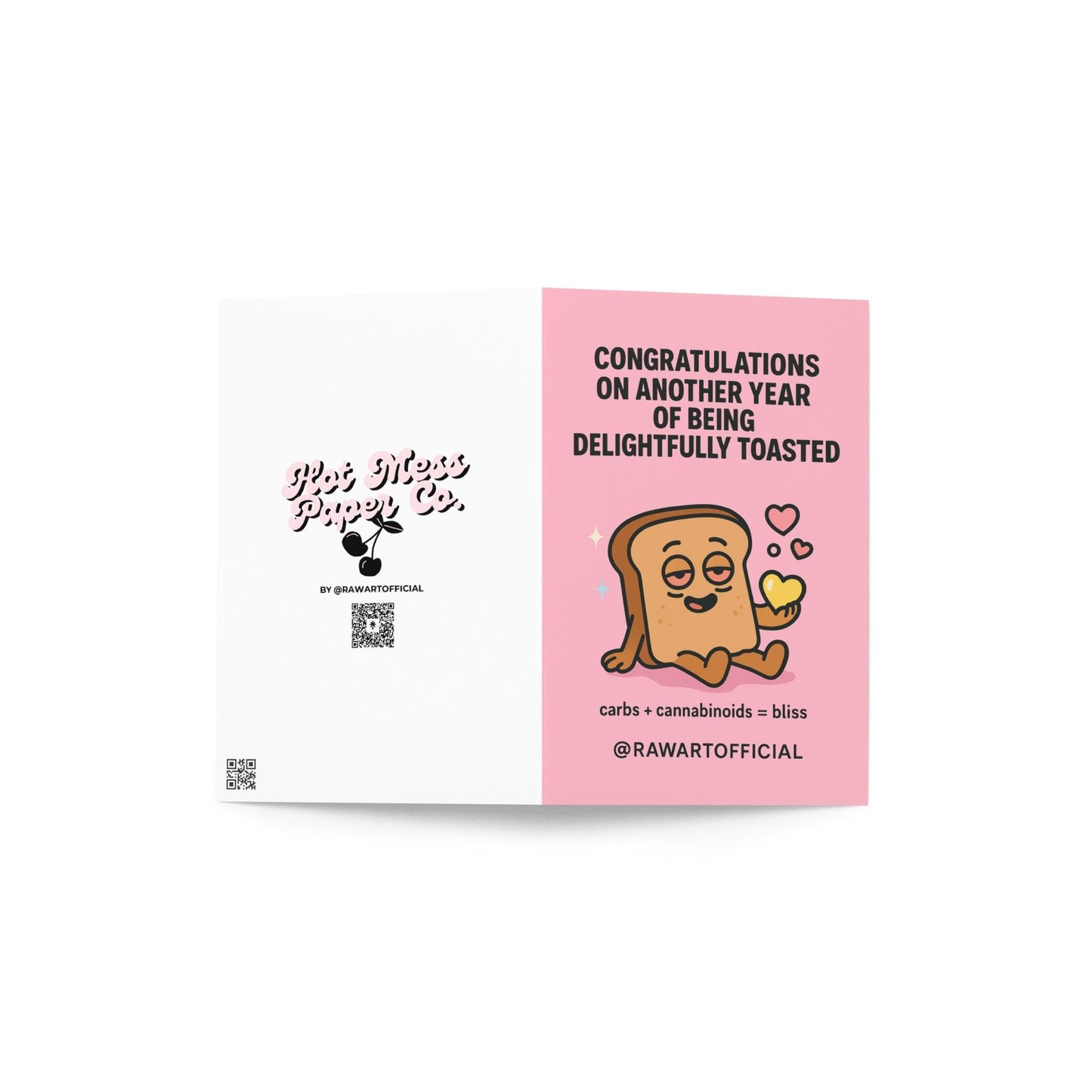 Cute toasted bread cartoon character looking high holding a yellow heart on a pink background celebrating a stoner birthday.