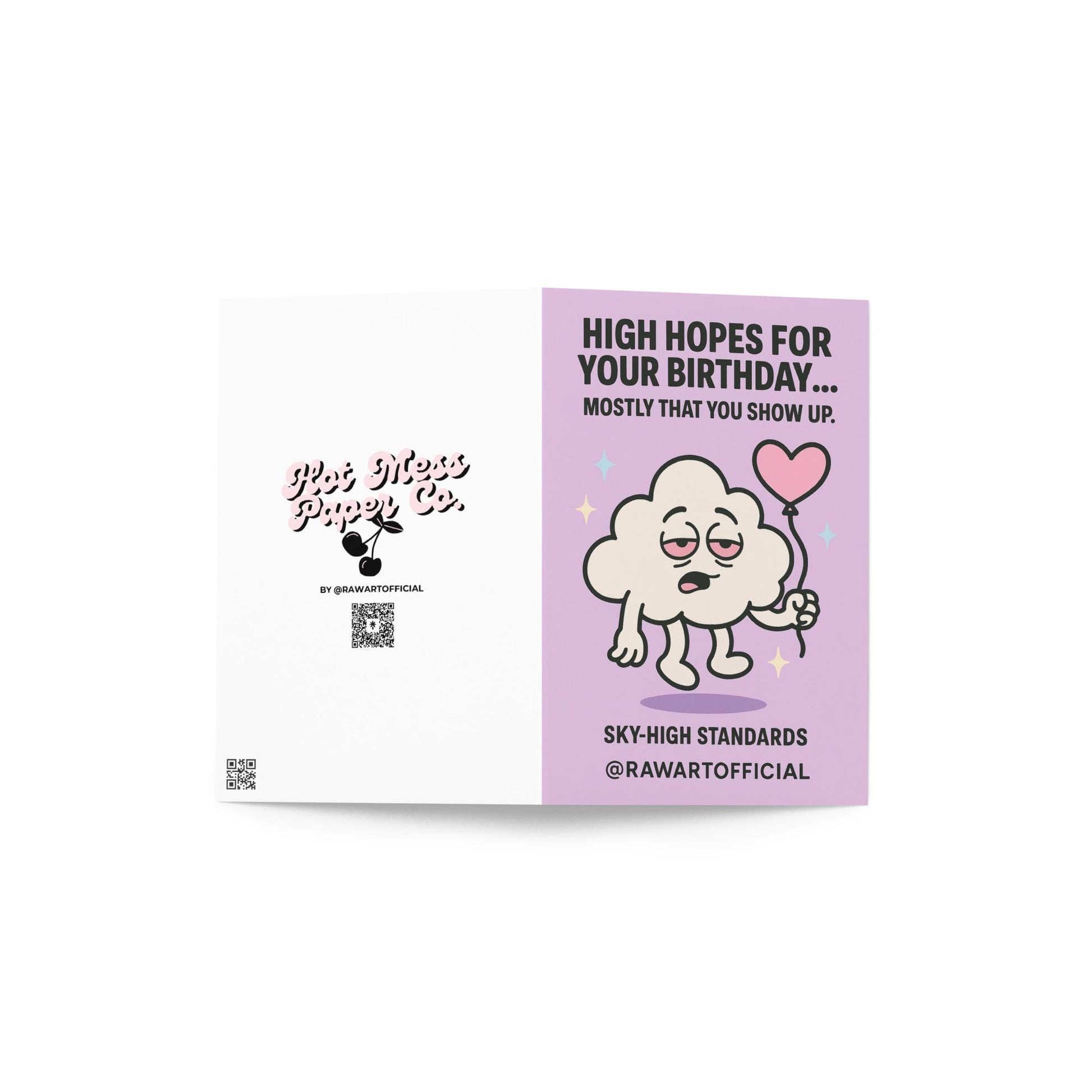 Stoned cloud holding a heart balloon on purple background with text “High Hopes for Your Birthday.”