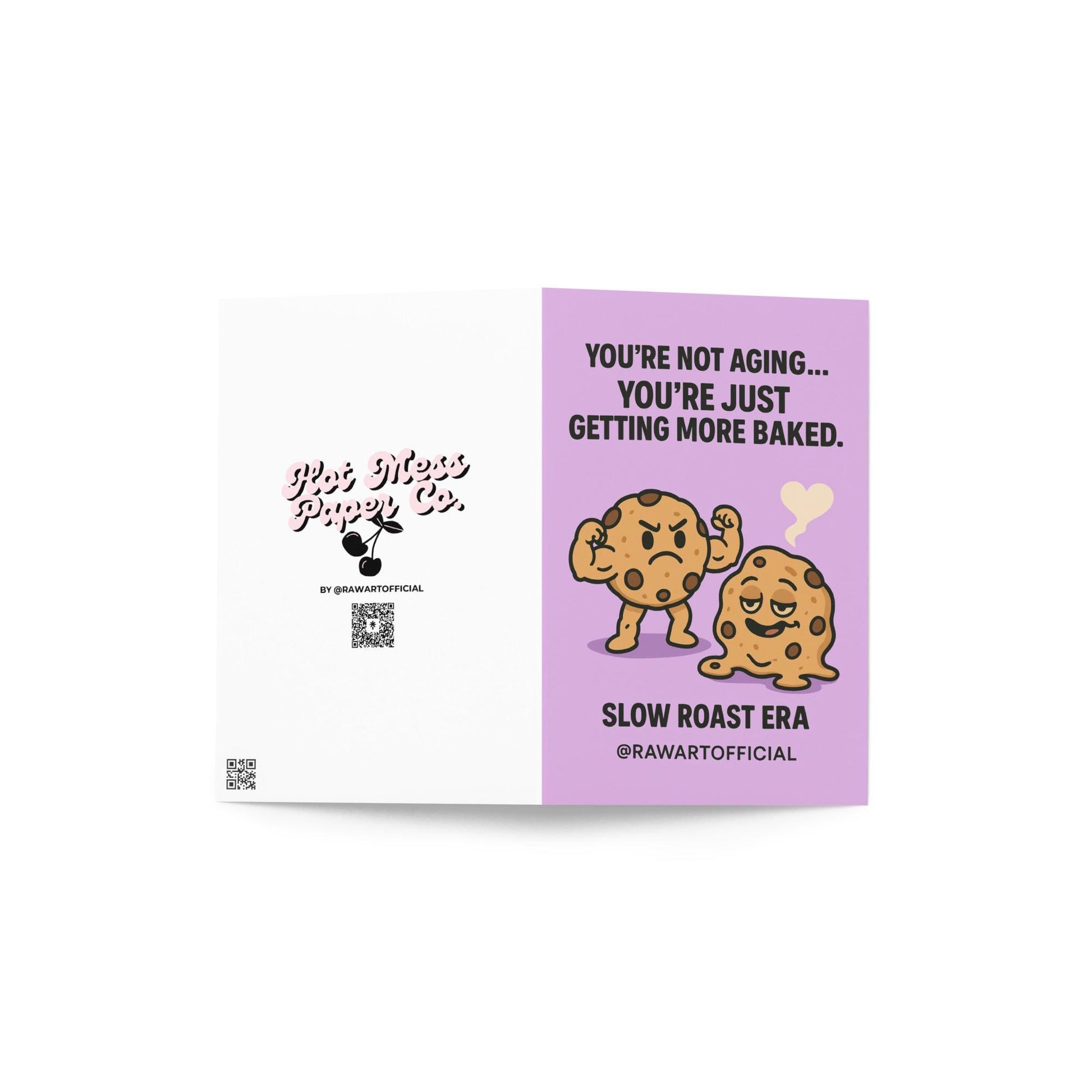 Cartoon buff cookie and melted cookie with heart smoke on purple background, funny stoner birthday card by @rawartofficial.