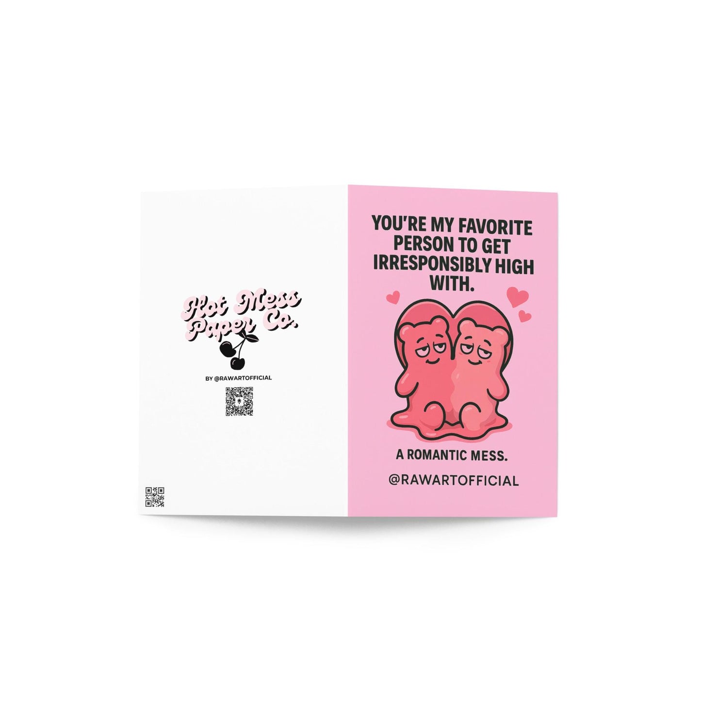 Two pink gummy bears melted together in a heart shape with hearts floating above, stoner Valentine card by @rawartofficial.