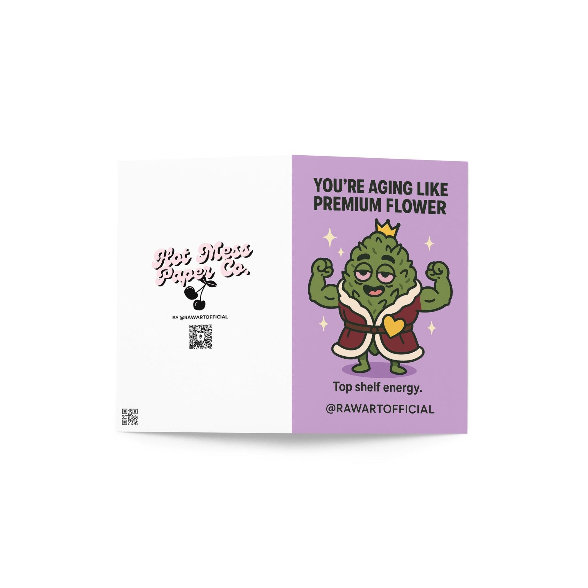 Buff weed nug wearing crown and robe flexing muscles on purple background, stoner birthday card.