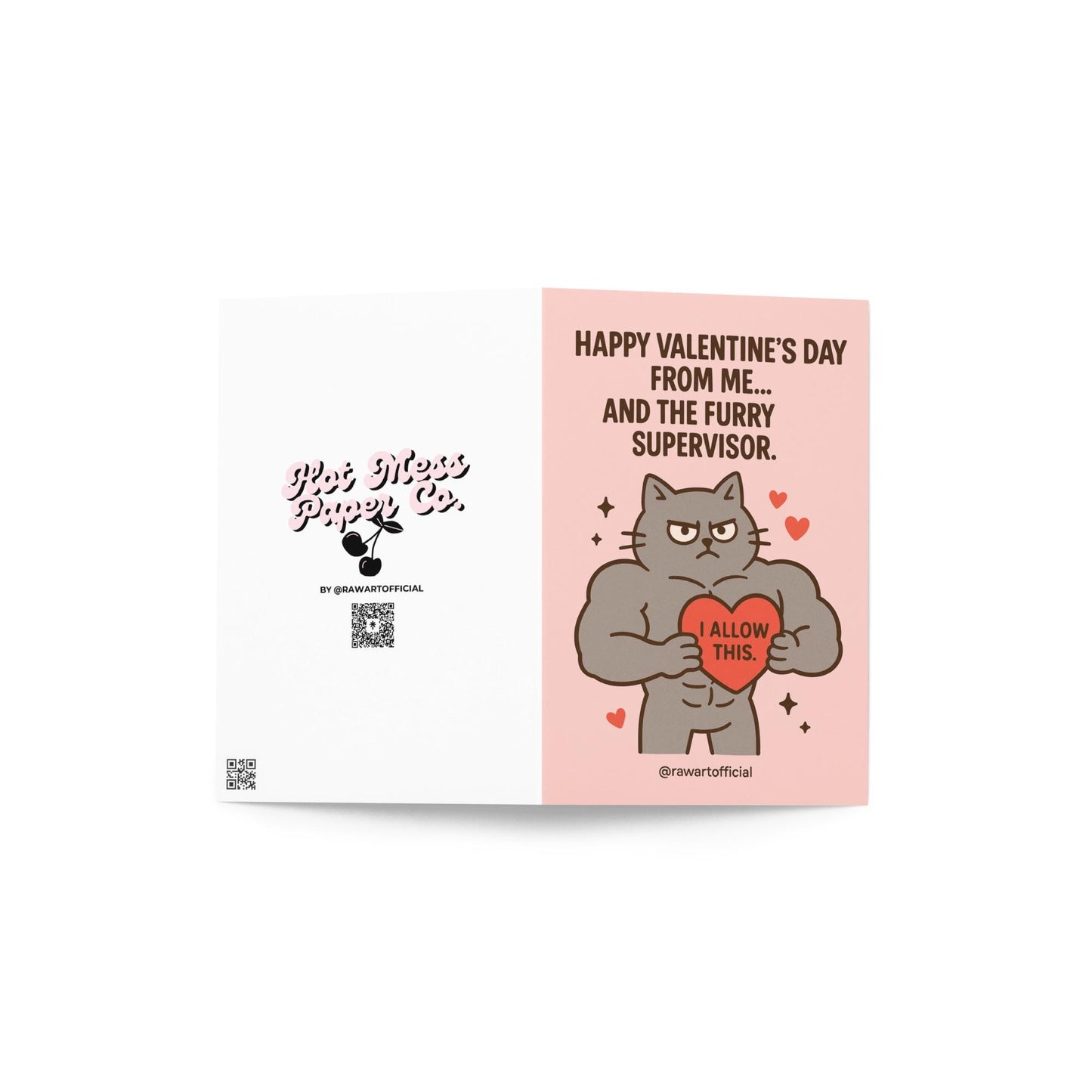 Buff grumpy cat holding a heart labeled “I allow this” on a pink Valentine background.