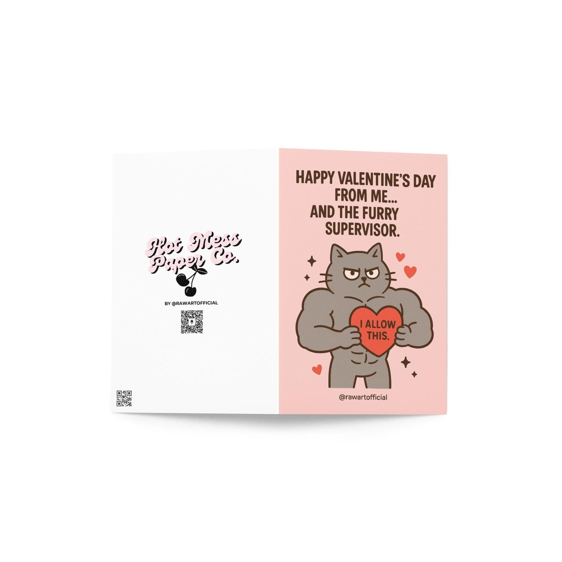 Buff grumpy cat holding a heart labeled “I allow this” on a pink Valentine background.