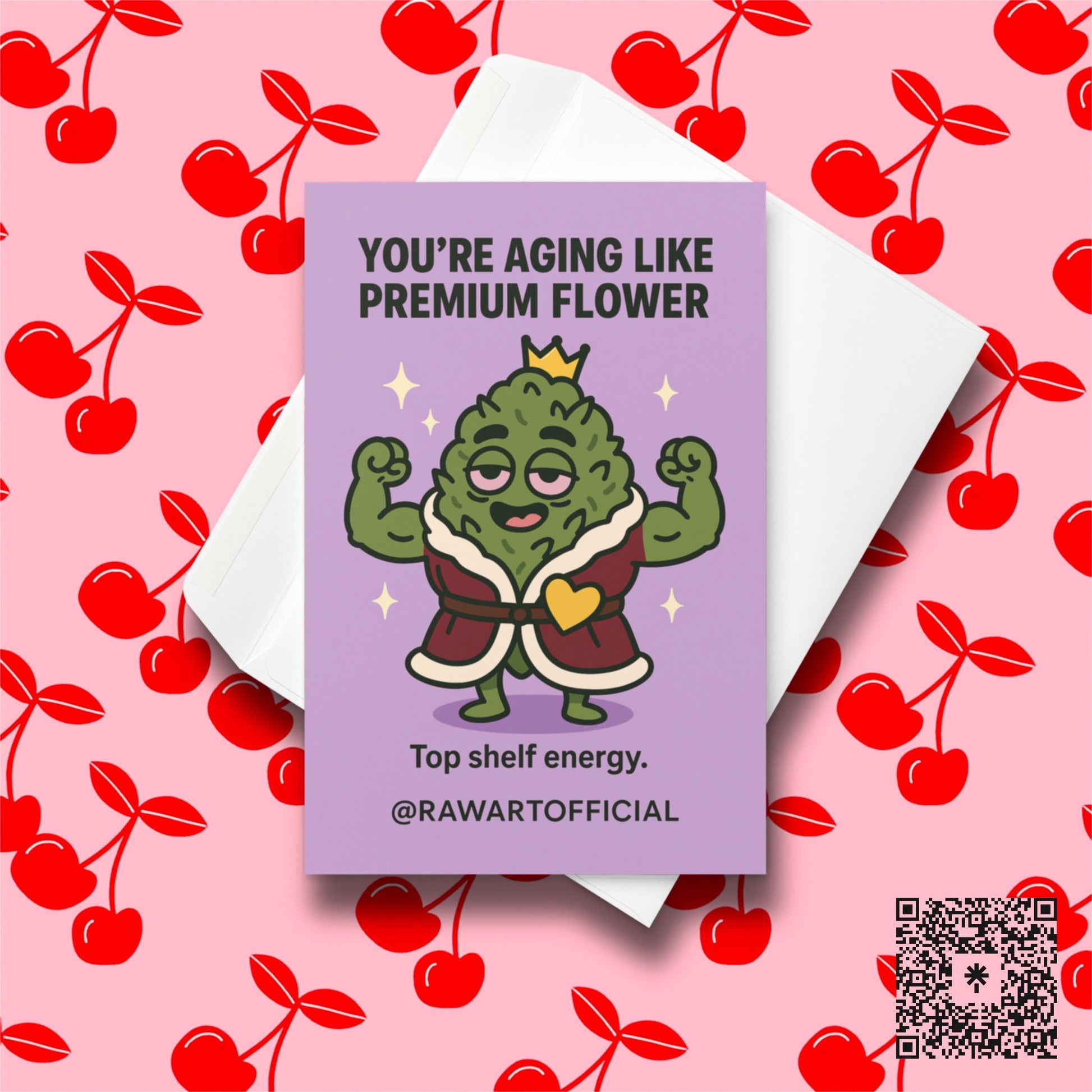 Buff weed nug wearing crown and robe flexing muscles on purple background, stoner birthday card.