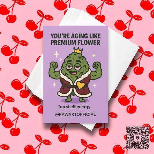 Buff weed nug wearing crown and robe flexing muscles on purple background, stoner birthday card.