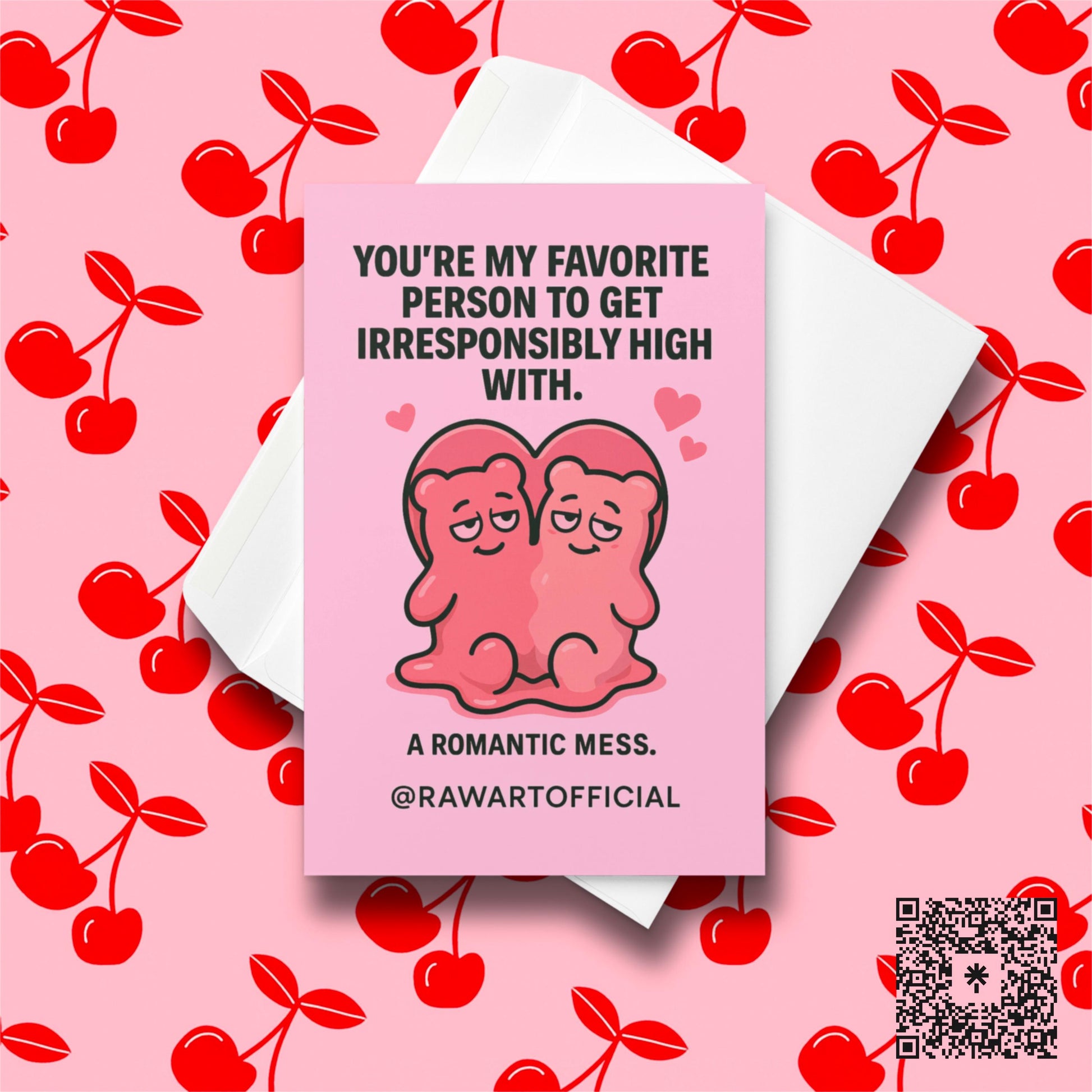 Two pink gummy bears melted together in a heart shape with hearts floating above, stoner Valentine card by @rawartofficial.