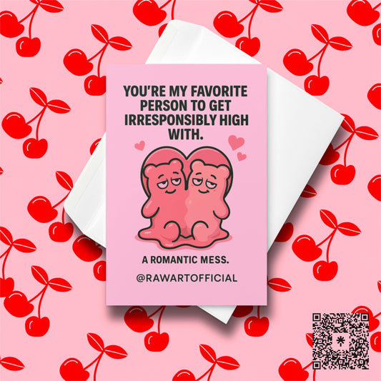Two pink gummy bears melted together in a heart shape with hearts floating above, stoner Valentine card by @rawartofficial.