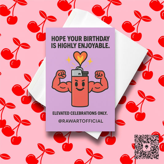 Buff red lighter flexing muscles with heart flame, funny stoner birthday card illustration.