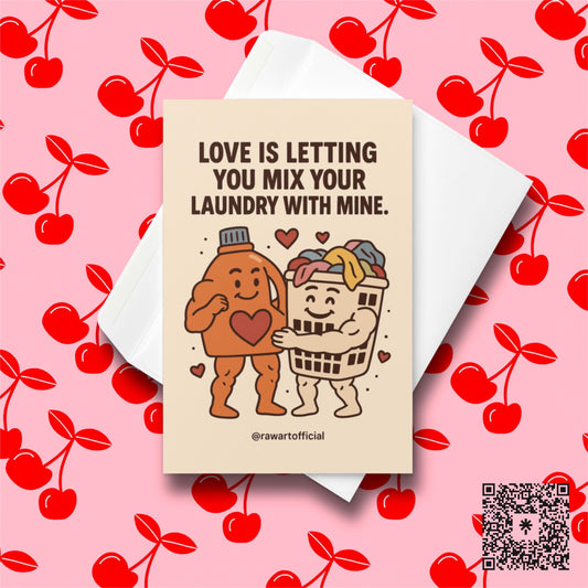 Buff detergent bottle hugging buff laundry basket with hearts, cute funny couples laundry love card.