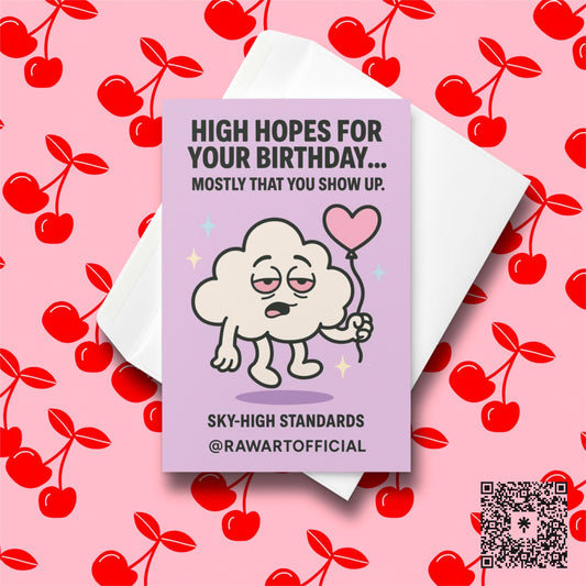 Stoned cloud holding a heart balloon on purple background with text “High Hopes for Your Birthday.”