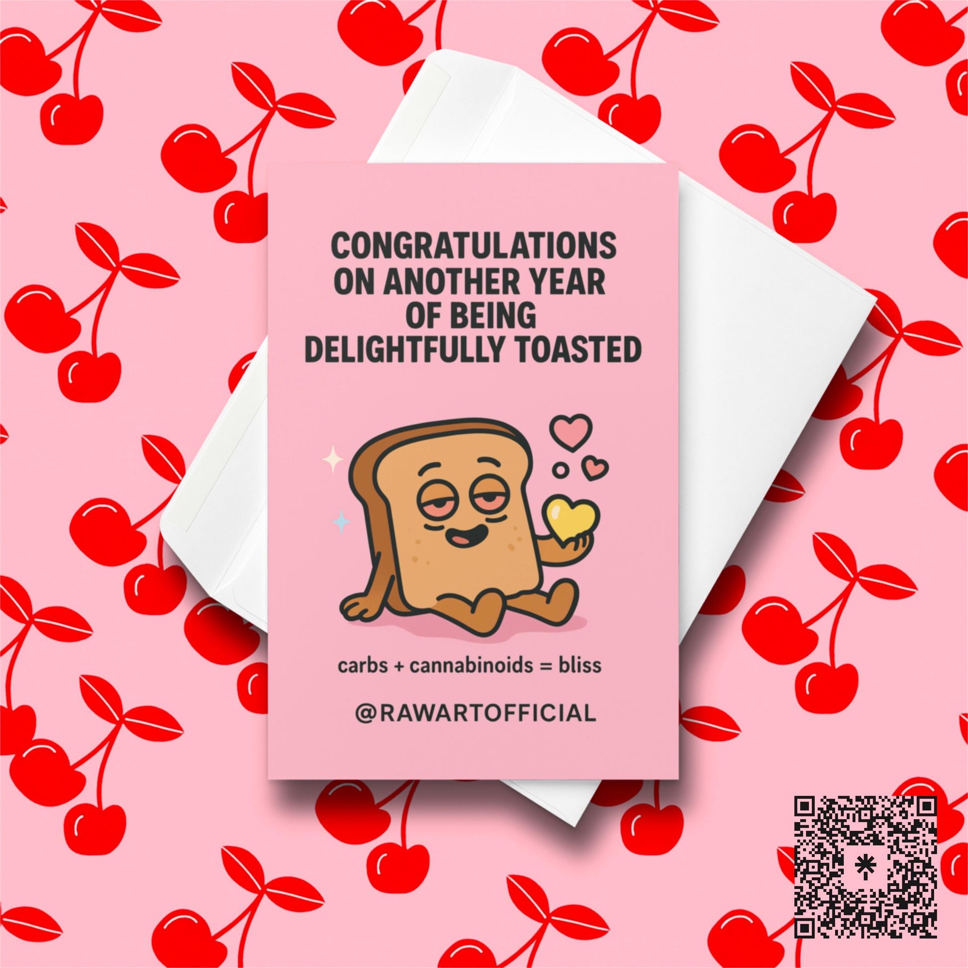 Cute toasted bread cartoon character looking high holding a yellow heart on a pink background celebrating a stoner birthday.