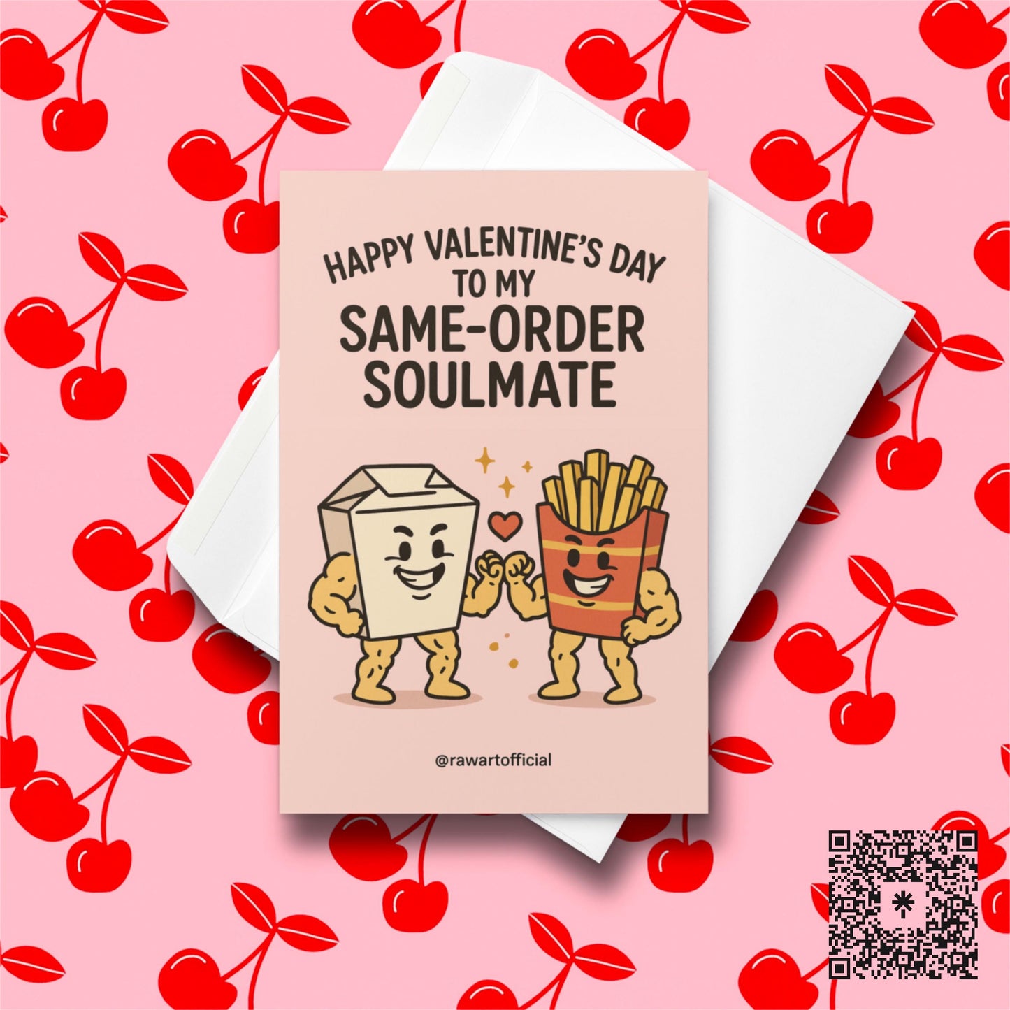 Cute Valentine’s Day card of a buff takeout box and buff fries fist-bumping with a heart, captioned ‘Happy Valentine’s Day to My Same-Order Soulmate.’