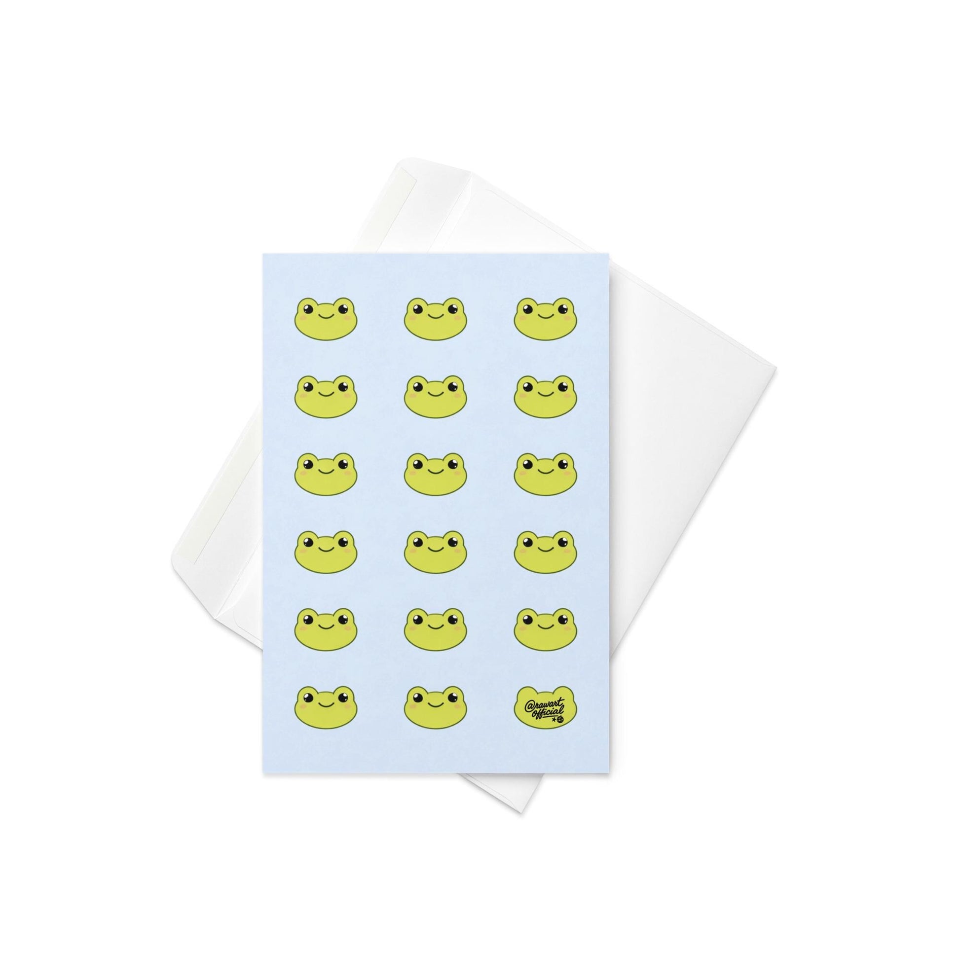 pastel blue frog pattern card with cute smiling kawaii frog faces repeating design cute animal stationery frog lover card
