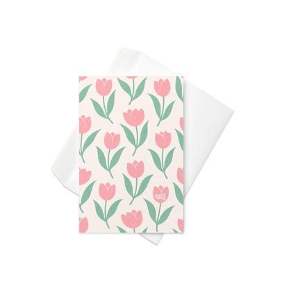 cream card with repeating pink tulip flowers and green leaves cute spring pattern