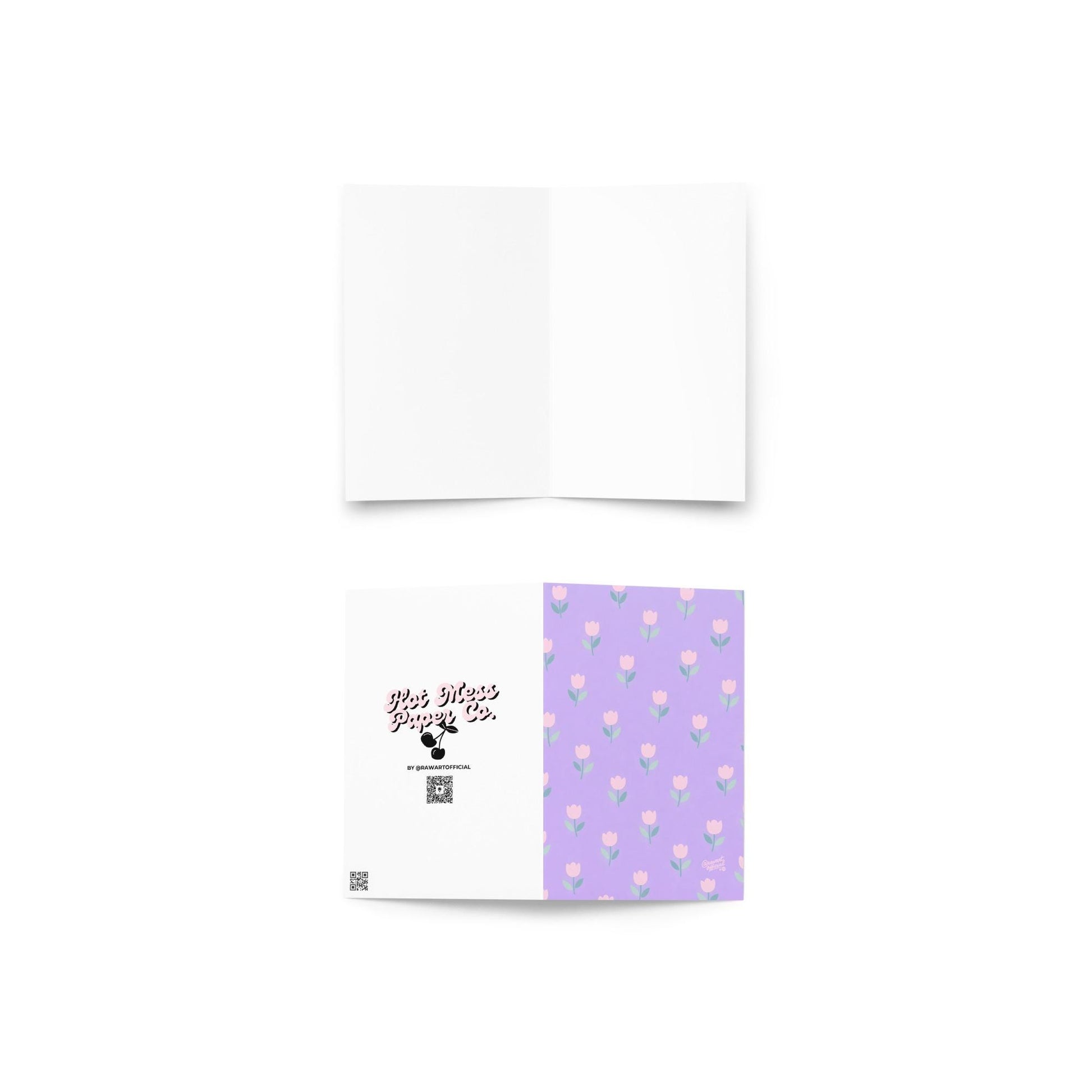 purple card with repeating pink tulip flowers cute pastel spring floral pattern