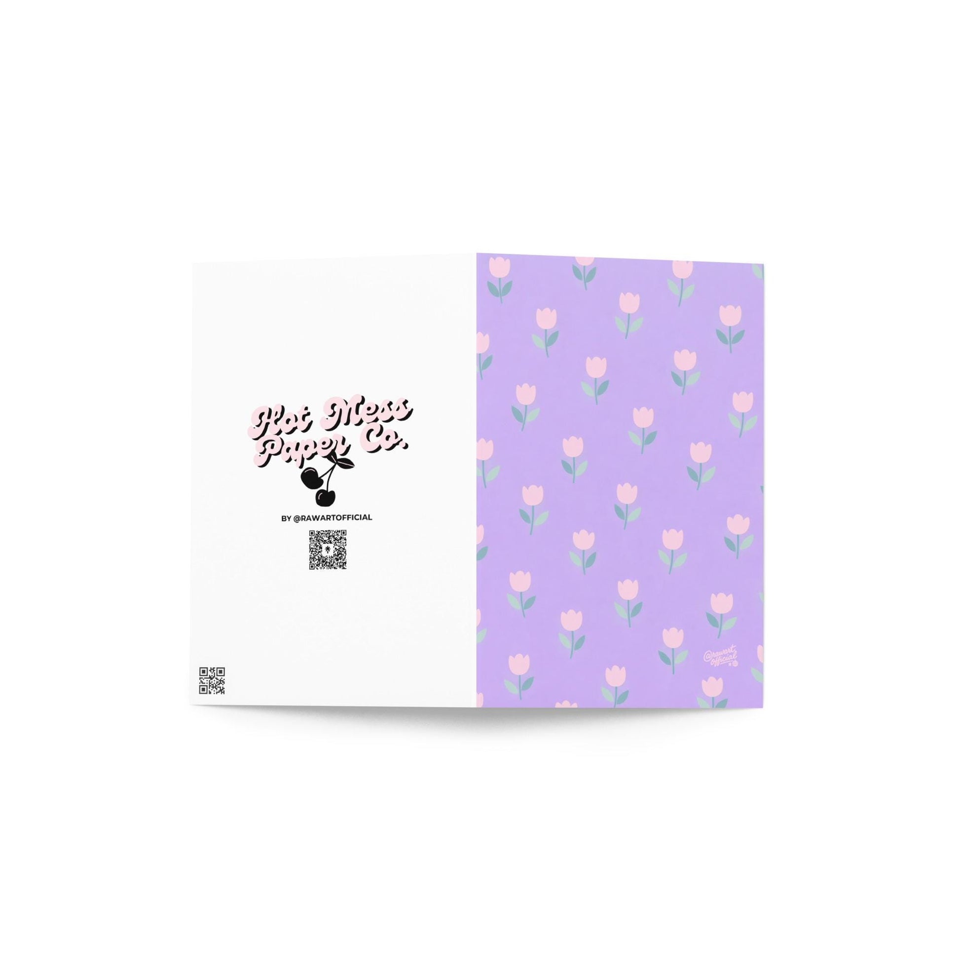purple card with repeating pink tulip flowers cute pastel spring floral pattern
