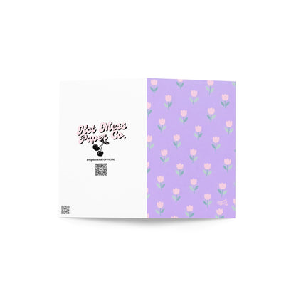 purple card with repeating pink tulip flowers cute pastel spring floral pattern