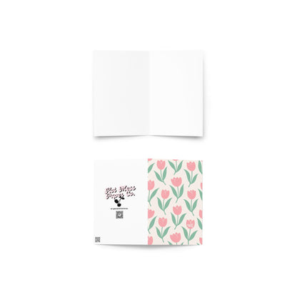 cream card with repeating pink tulip flowers and green leaves cute spring pattern