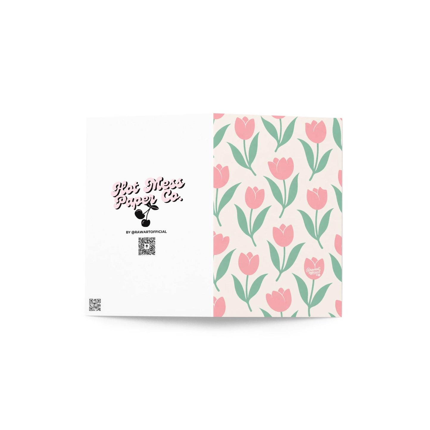 cream card with repeating pink tulip flowers and green leaves cute spring pattern