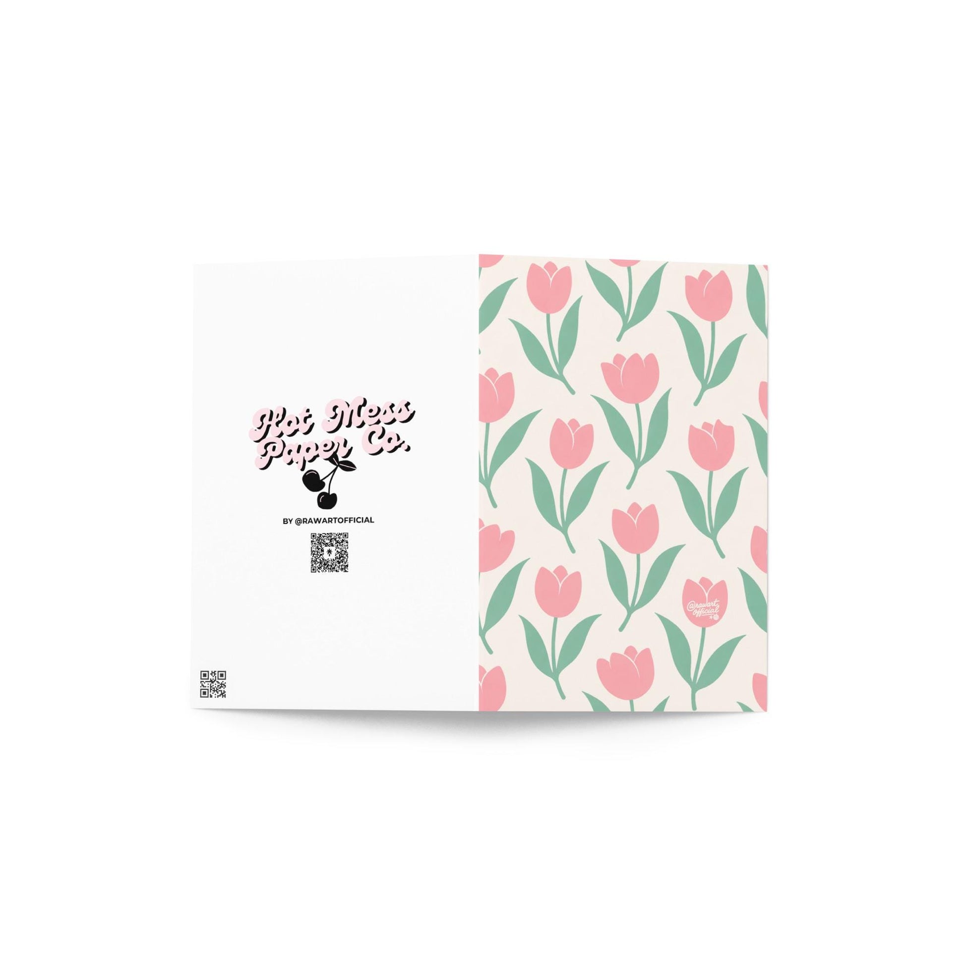 cream card with repeating pink tulip flowers and green leaves cute spring pattern