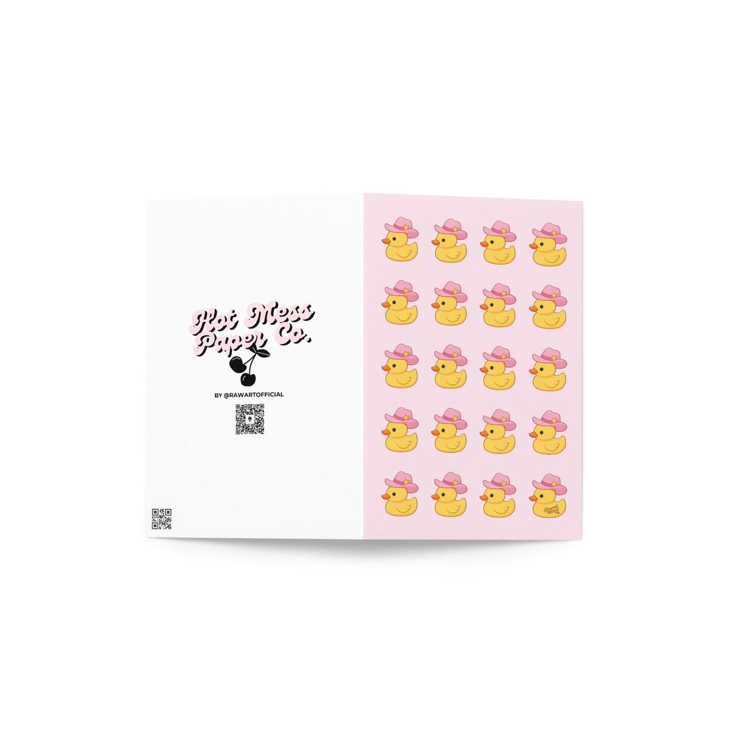 Cute cowgirl rubber duck pattern with pink hats on a soft pastel background — playful western-themed design by @rawartofficial.