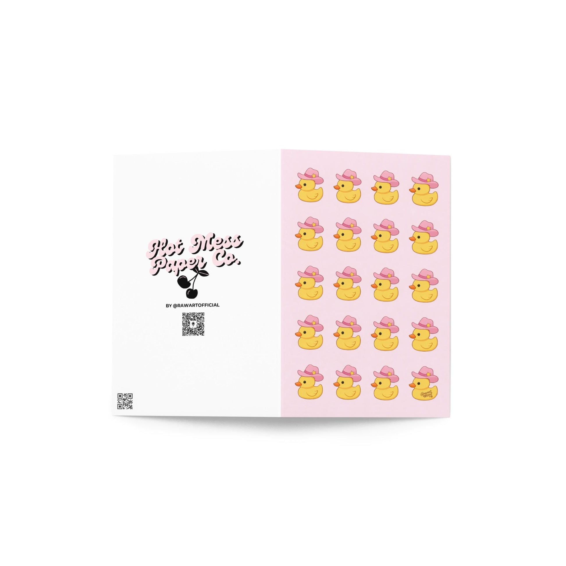 Cute cowgirl rubber duck pattern with pink hats on a soft pastel background — playful western-themed design by @rawartofficial.