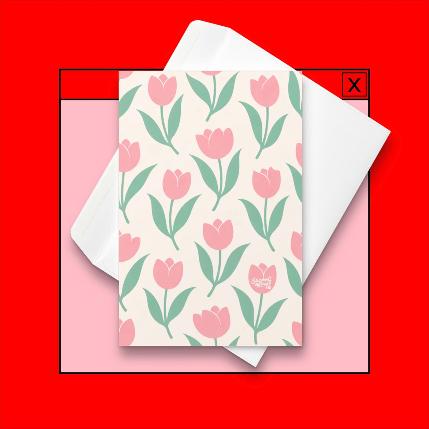 cream card with repeating pink tulip flowers and green leaves cute spring pattern