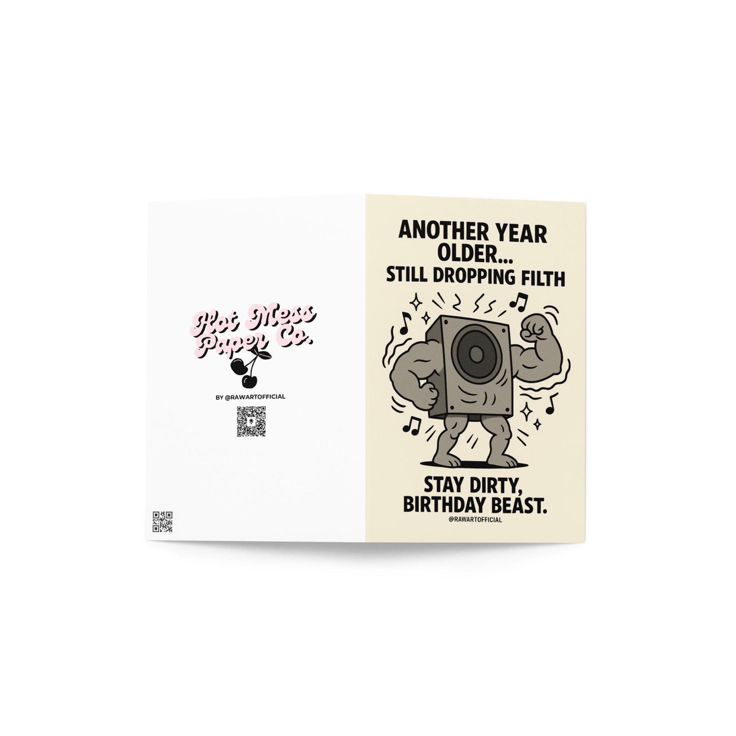 Buff subwoofer flexing with music notes around it and bold text saying “Still Dropping Filth.”