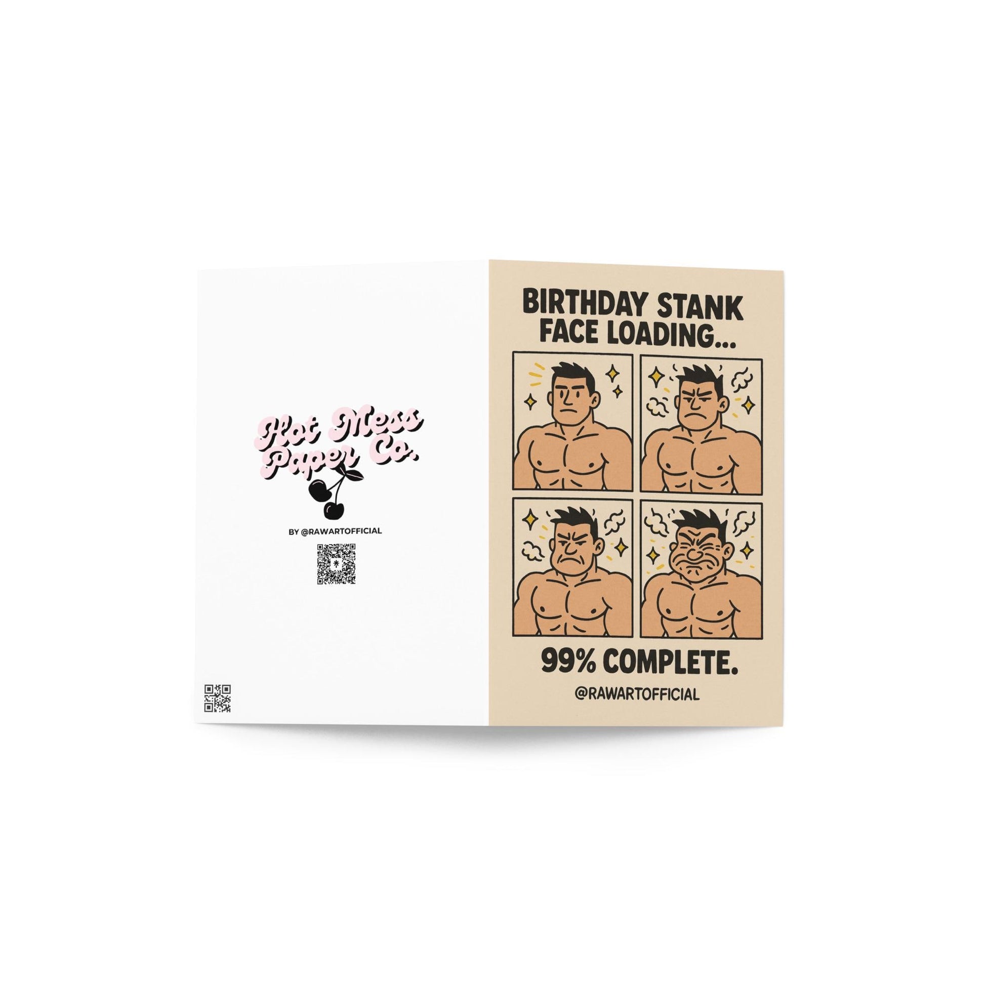 Muscular man comic panels showing stank face loading progression with birthday humor text.