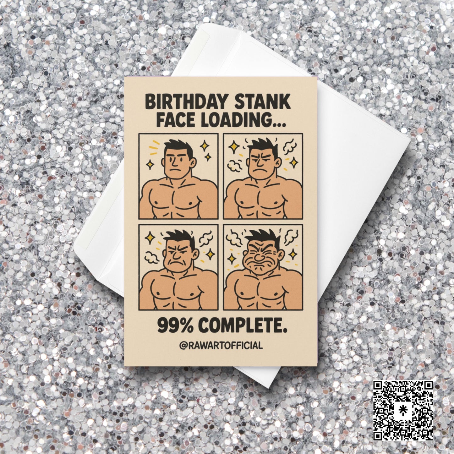 Muscular man comic panels showing stank face loading progression with birthday humor text.