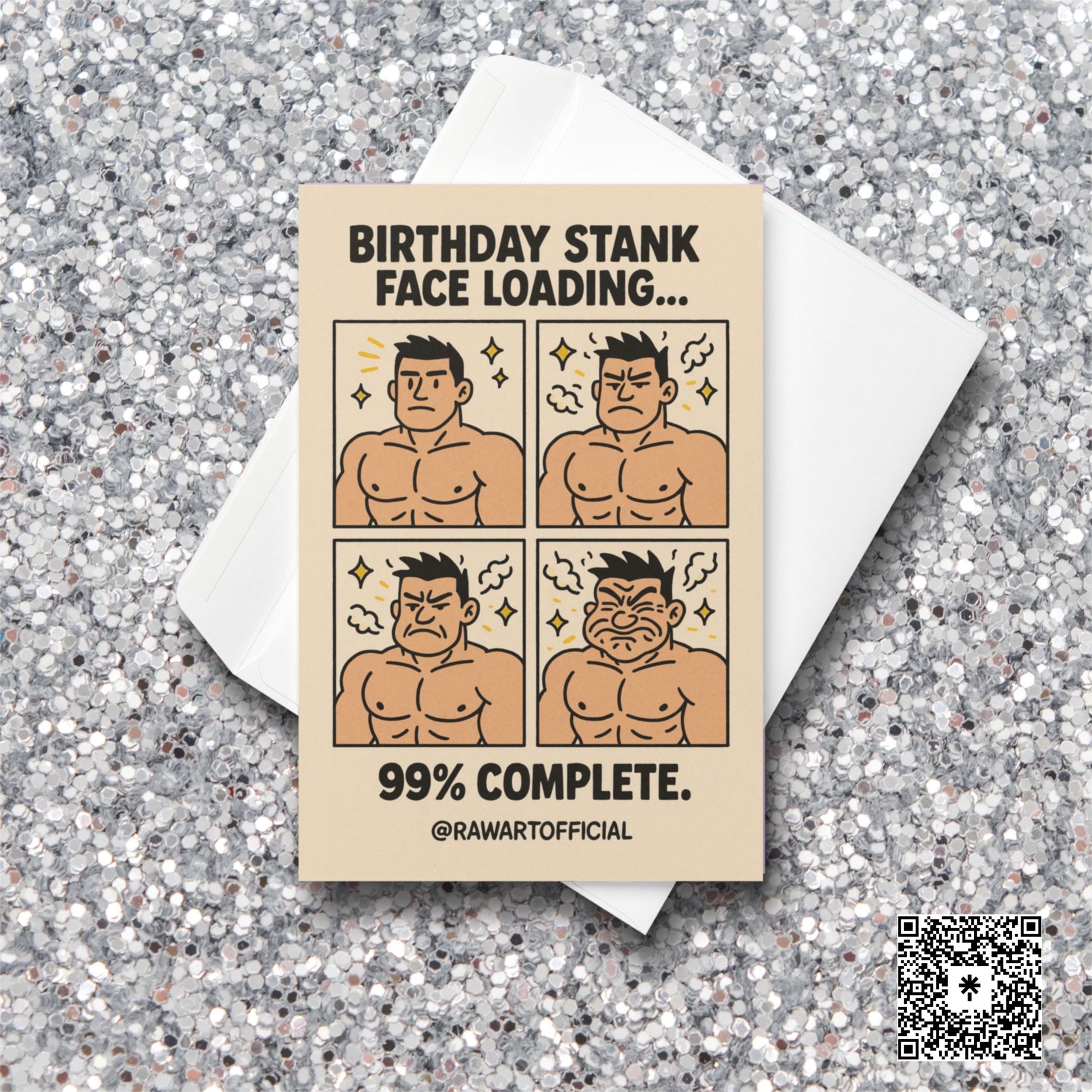 Muscular man comic panels showing stank face loading progression with birthday humor text.
