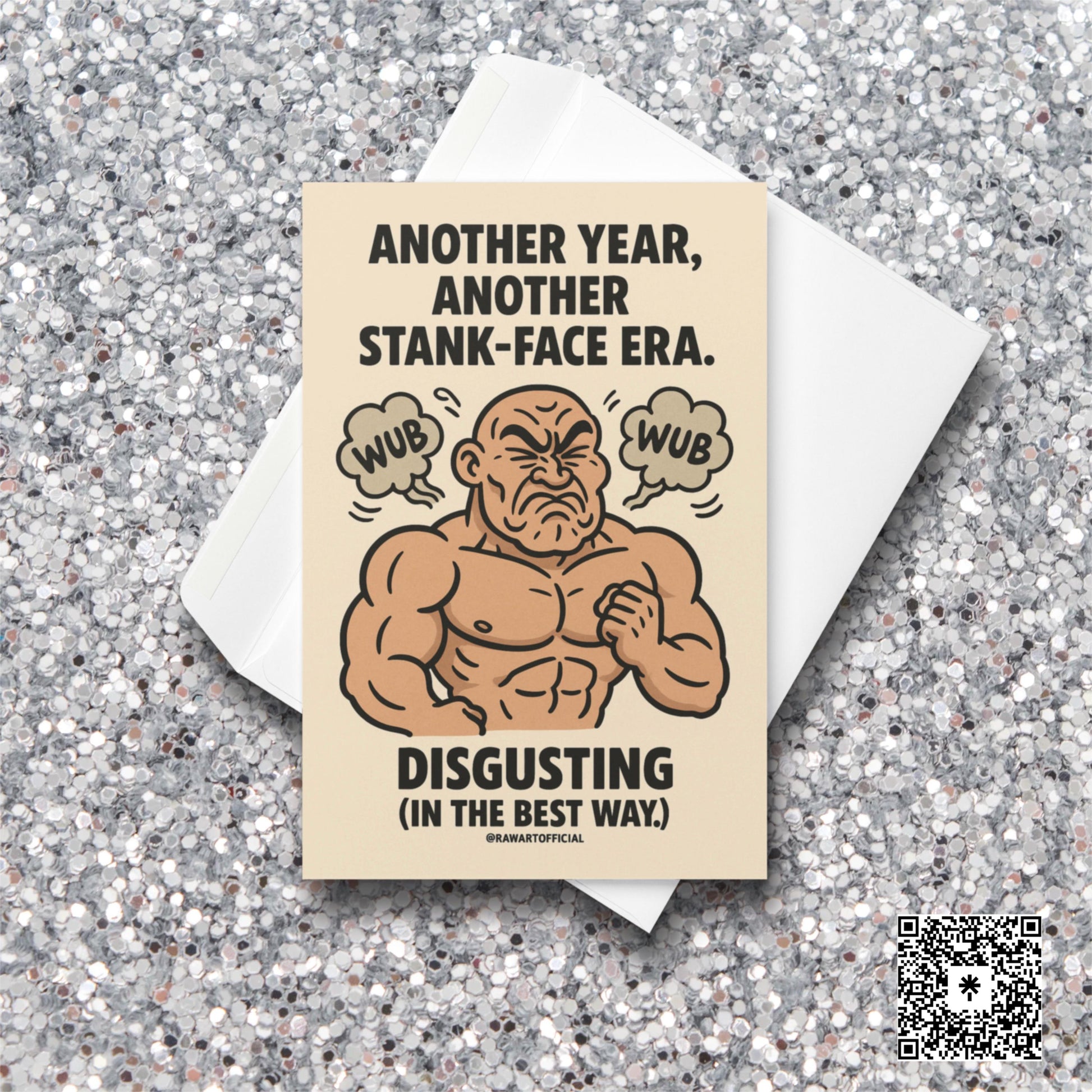 Buff man making a stank face with wub clouds around him on a funny rave themed birthday card.