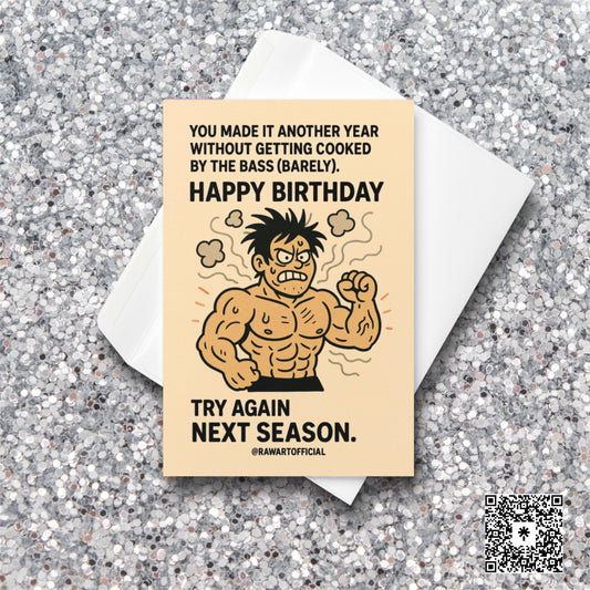Buff cartoon raver character looking angry and smoky, with birthday text about surviving bass drops, in a humorous EDM-themed birthday card style.
